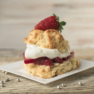 front picture of fresh strawberry shortcake with fresh strawberries