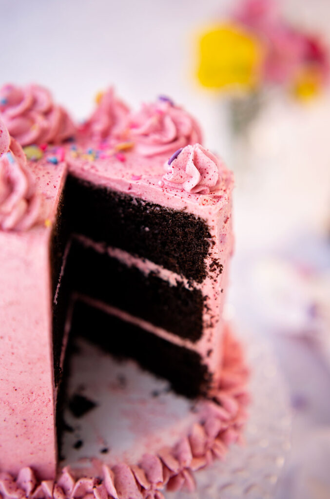 a chocolate layer cake with raspberry frosting with a large slice removed to reveal 3 layers of cake
