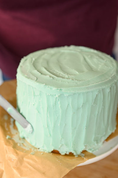 Home baked layer cake with mint green frosting