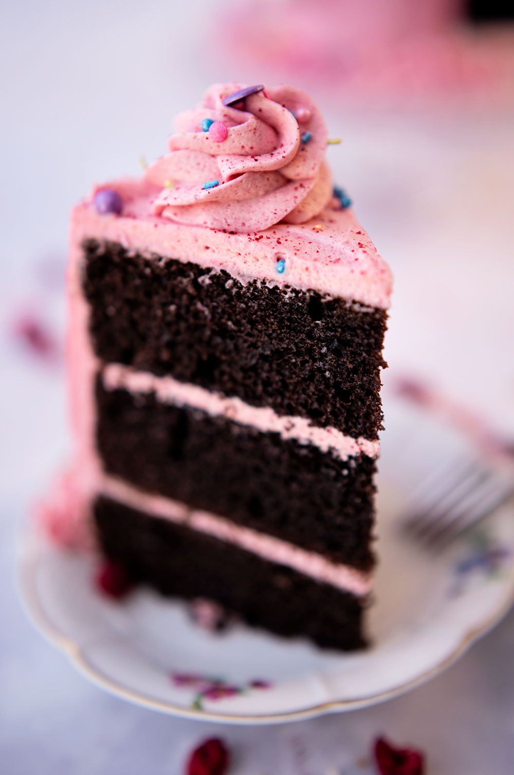 perfect slice of 3 layer chocolate cake