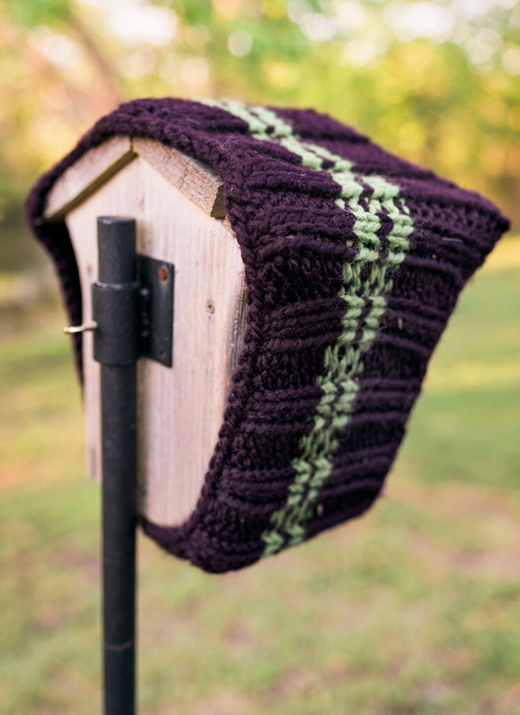 Blue bird nesting box wrapped in a knitted cowl for warmth