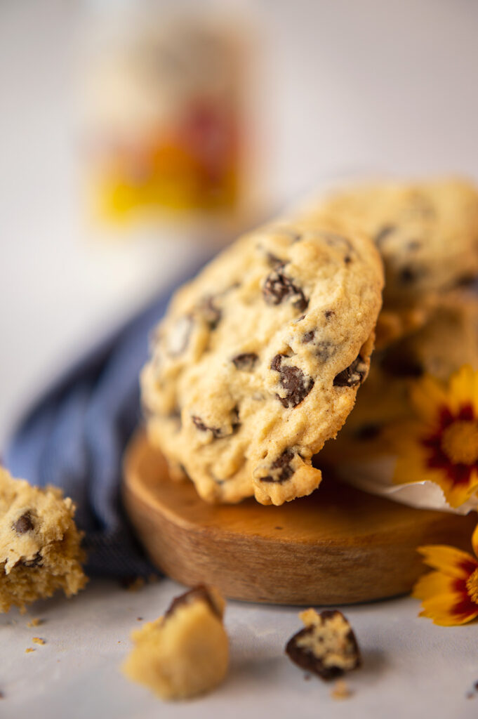 cookie stack closeup of thick, soft bake chocolate chip cookies