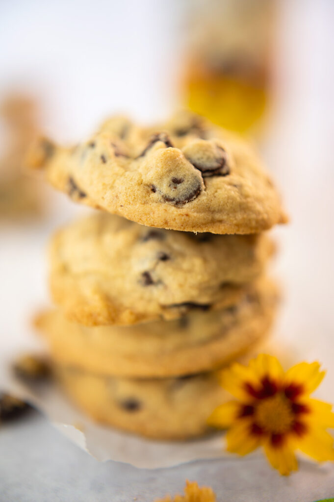 cookie stack closeup of thick, soft bake chocolate chip cookies