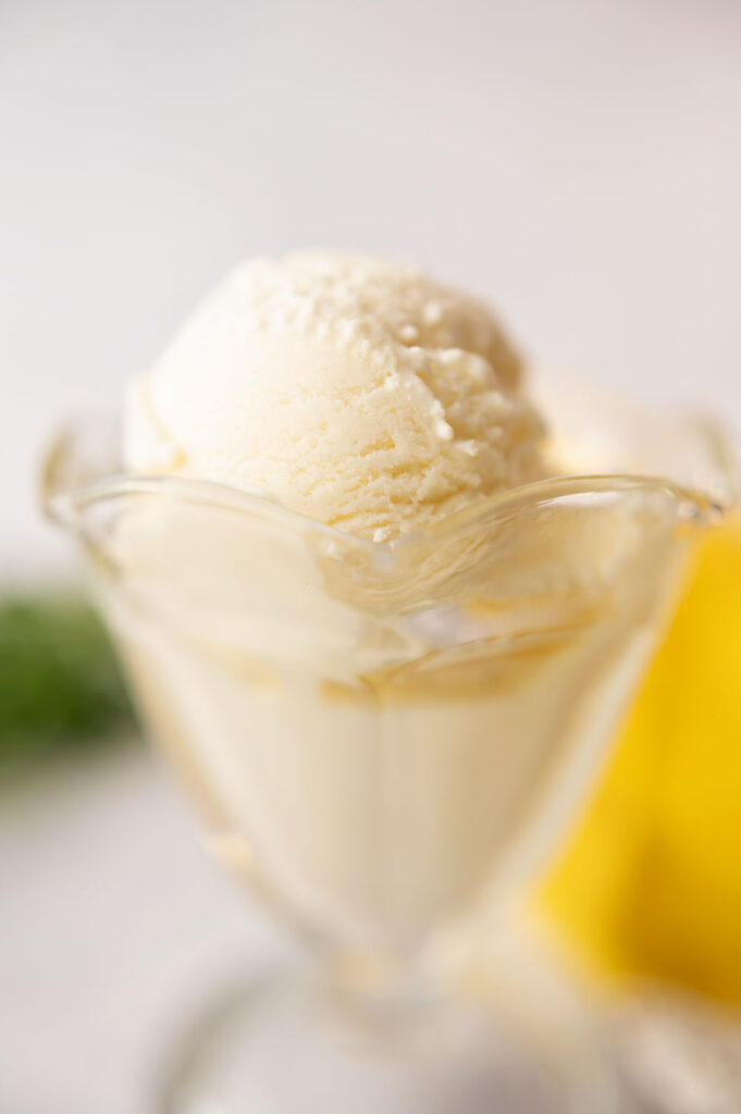 Close up of scoop of vanilla ice cream in a glass cup