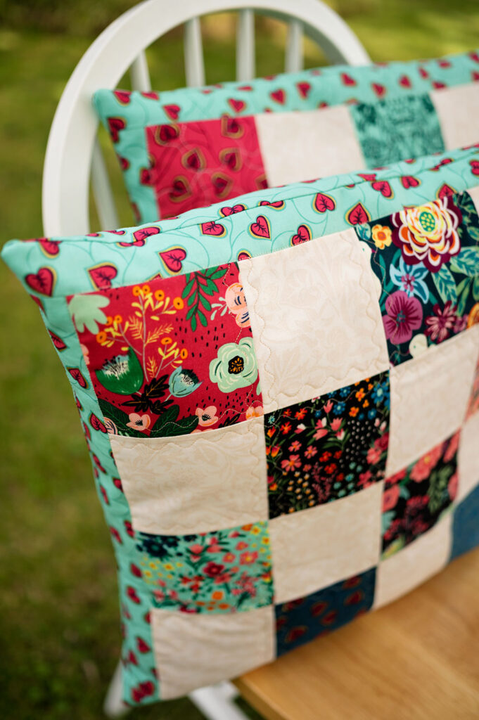 closeup of a colorful patchwork pillow