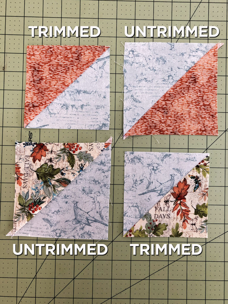 four half square triangle blocks showing the difference between trimmed and untrimmed blocks