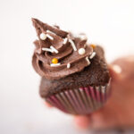 chocolate cupcake piped high with fudgy chocolate frosting held by a hand
