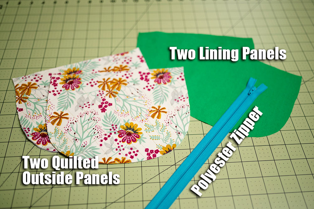 diagram of pieces needed to sew the quilted zipper pouch project, two outer panels, two lining panels and a polyester zipper longer than the straight edge
