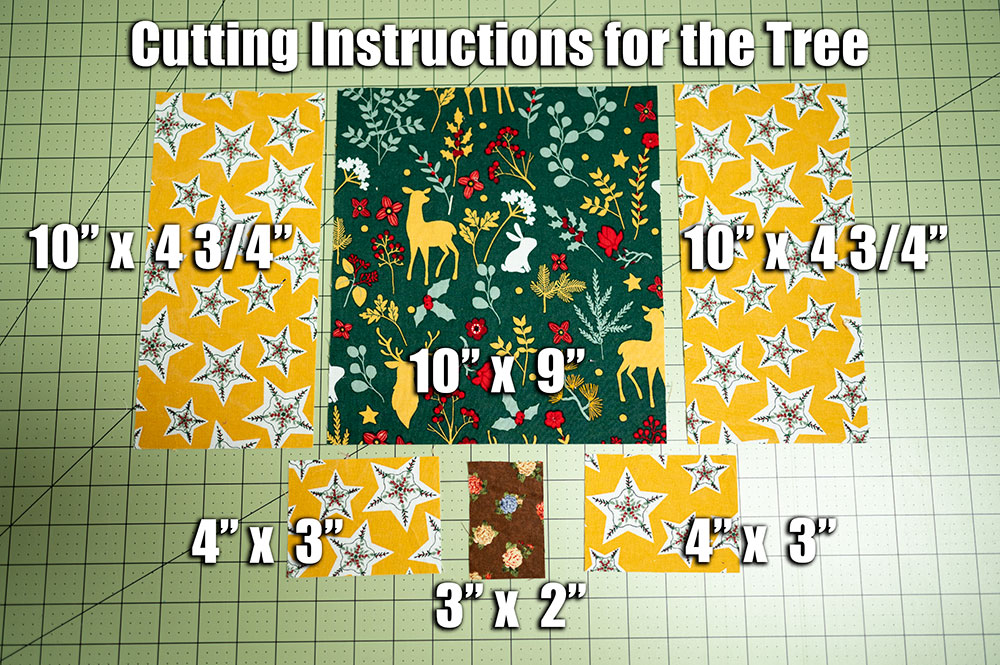 overhead view of the pieces to cut for piecing in the tree quilt block