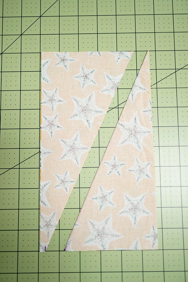 fabric pieces sub cut for the Christmas tree quilt block