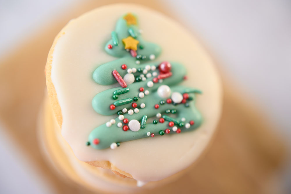 Closeup view of a round Christmas cookie decorated with a Christmas tree and sprinkles