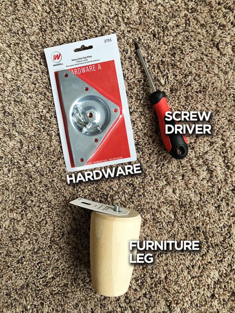 hardware and a screw driver are pictured as items used to add legs to kallax