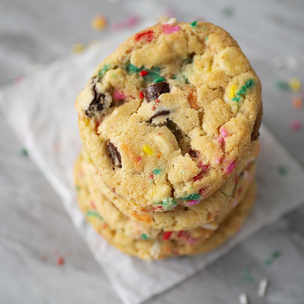Over head view of a cookie stack of chocolate chip cookies filled with colorful sprinkles