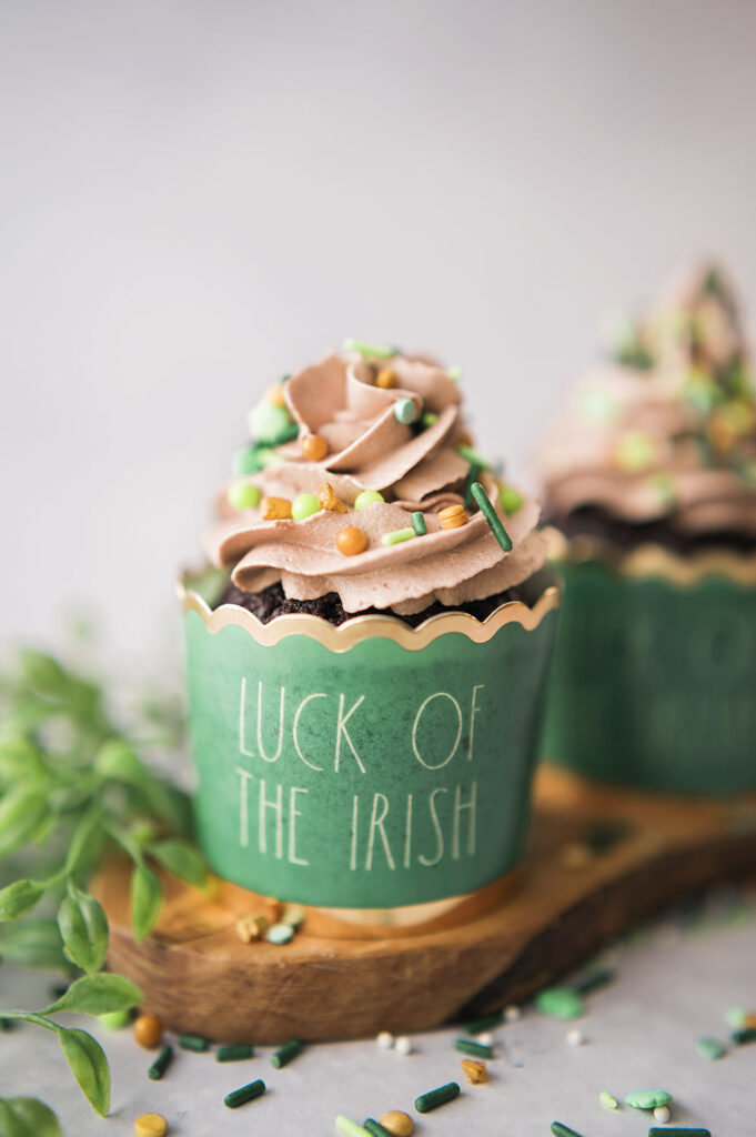 cupcakes in wrappers that read Luck of the Irish