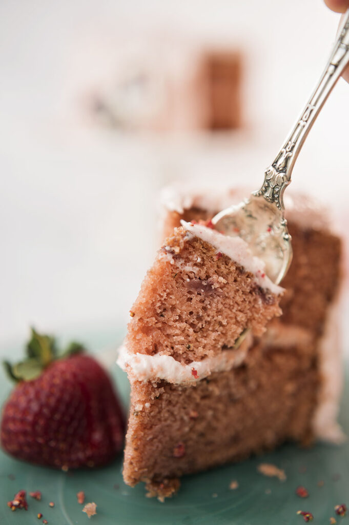 a perfect bite of cake on a decorative fork