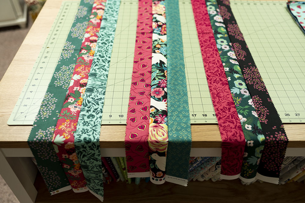 three sets of three fabrics pieced together