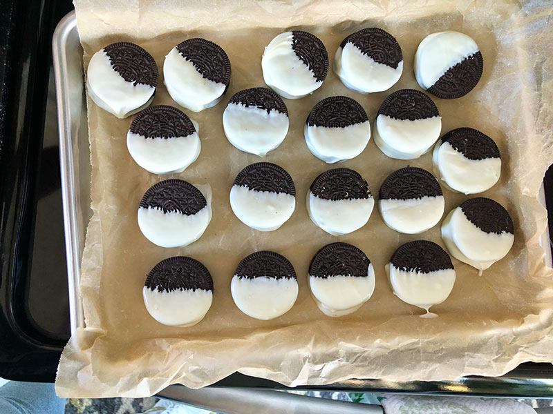 tray of chocolate dipped cookies