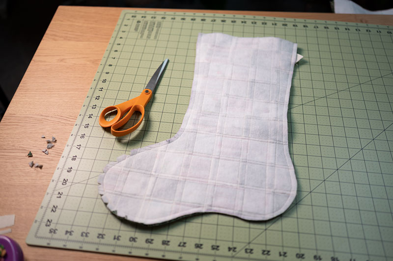 a Christmas stocking that has been sewn and clipped