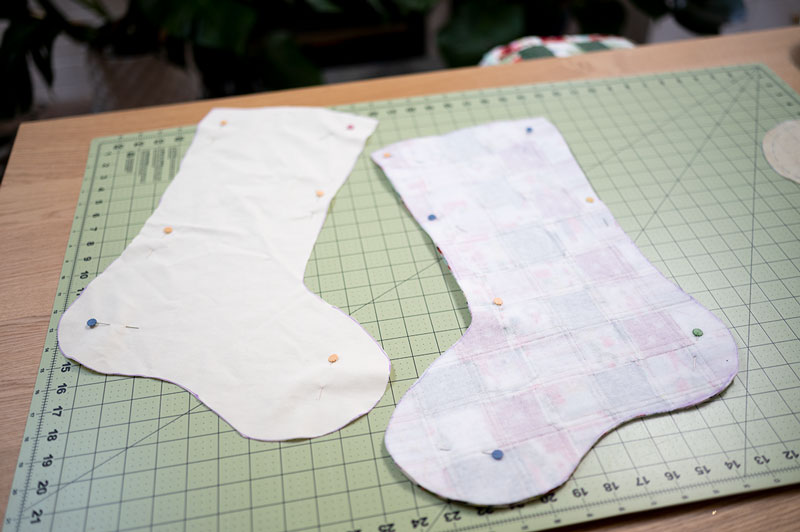 two parts of a christmas stocking ready to be sewn