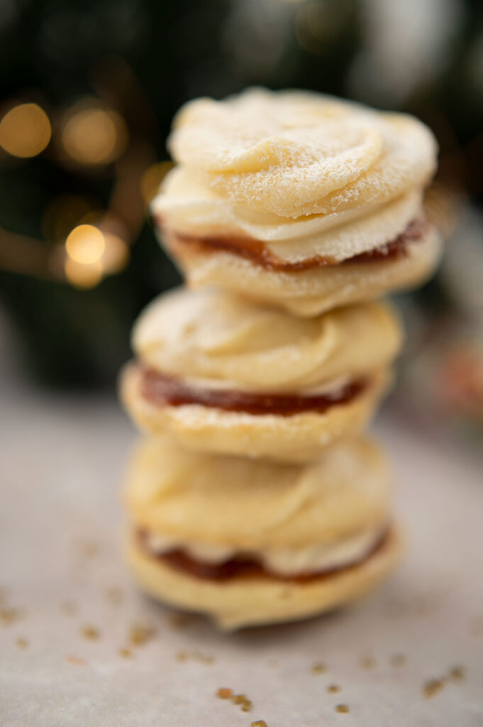 a cookie stack of three sandwich cookies