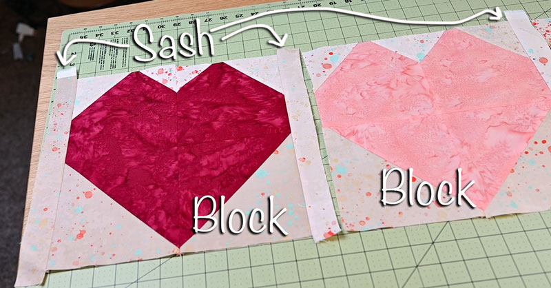 partially finished table runner showing sash placement of the joyful hearts table runner 