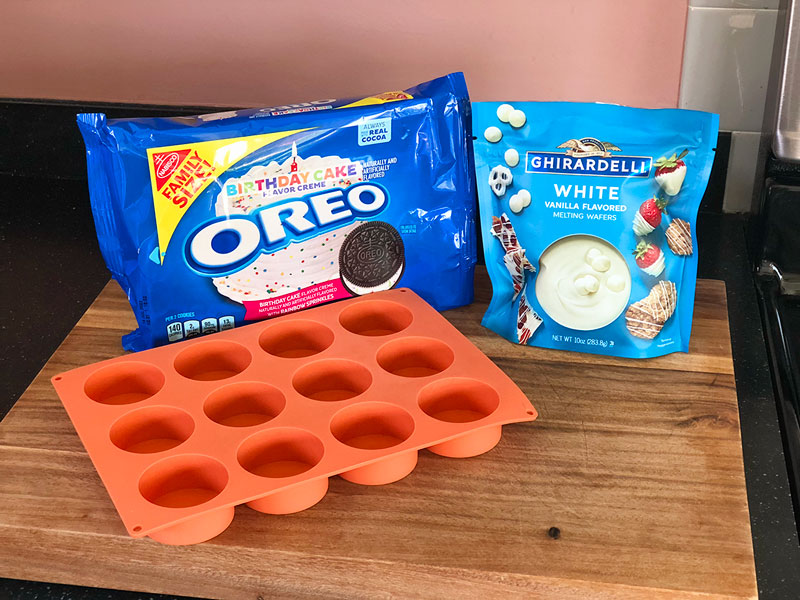 special silicon candy mold, bag of oreos and white chocolate melts