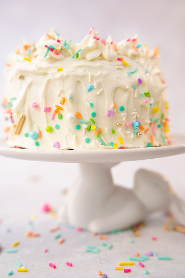 A beautiful carrot cake on a bunny rabbit cake plate