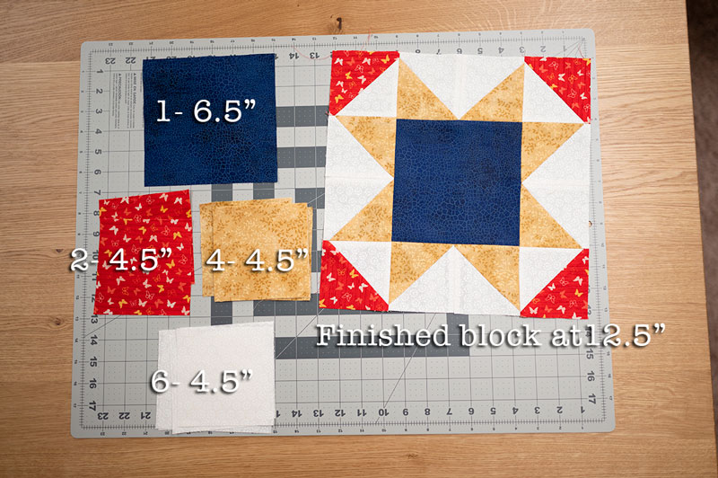 a completed quilt block with blocks cut to construct a new one
