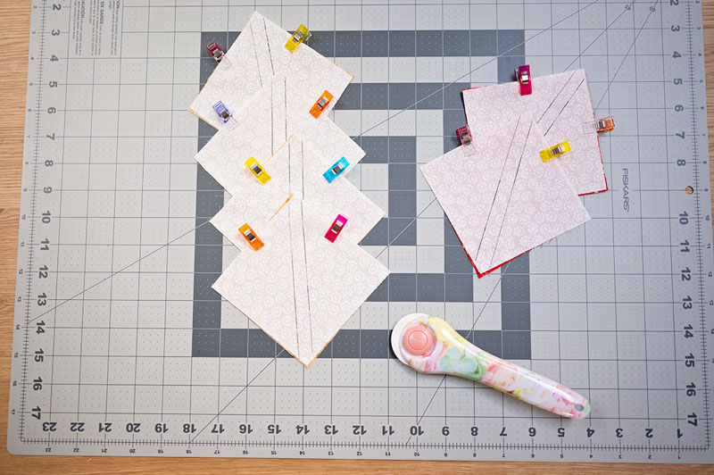 squares set up to sew into half square triangle units
