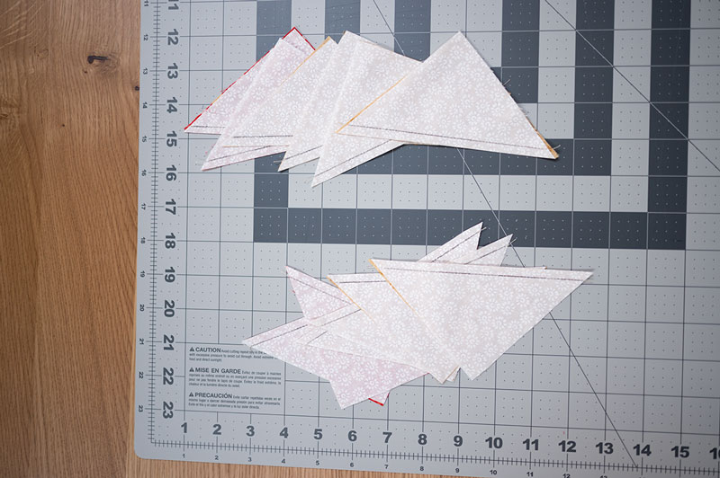 half square triangle units sewn in place and cut apart