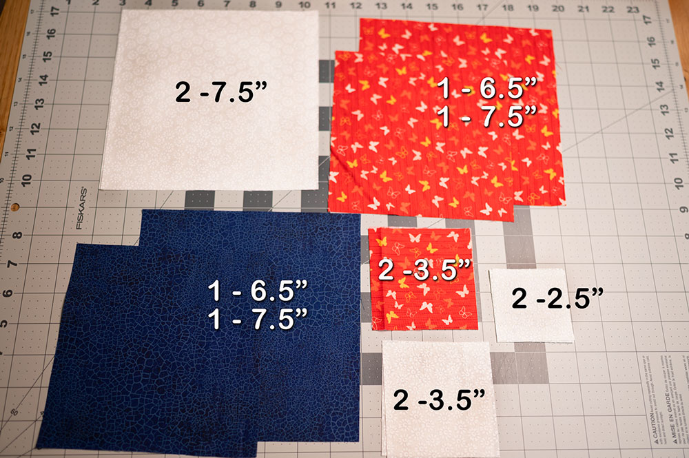 12 squares cut from red, white and blue material