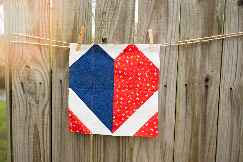 red, white and blue pieced heart quilt block