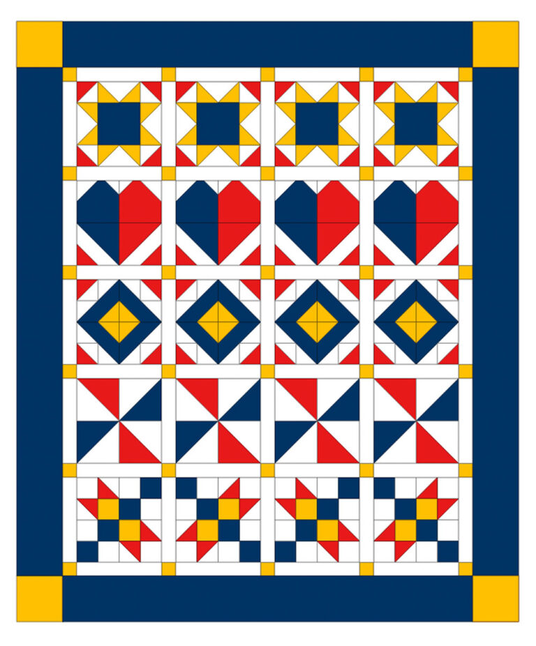 an illustrated version of a row quilt design with 5 different row designs