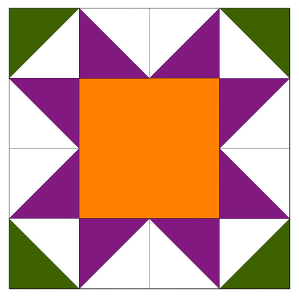 star quilt block in orange, green and purple