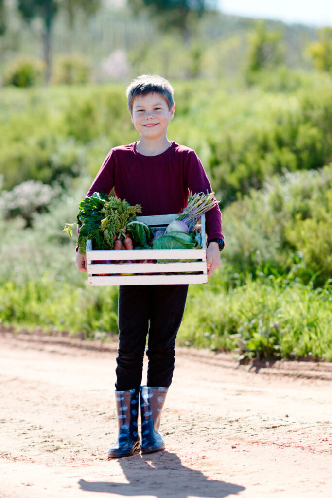 young boy holds a crate of fresh produce