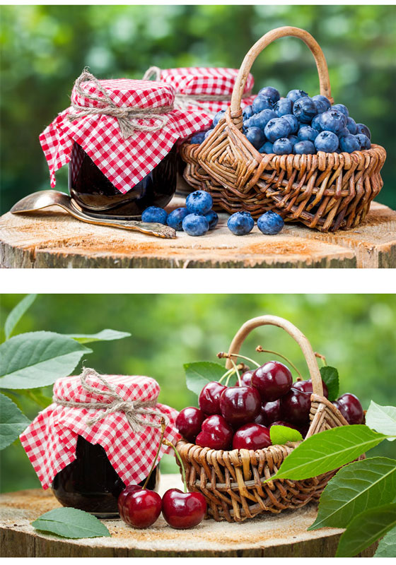 baskets of fresh cherries and blueberries along with preserves
