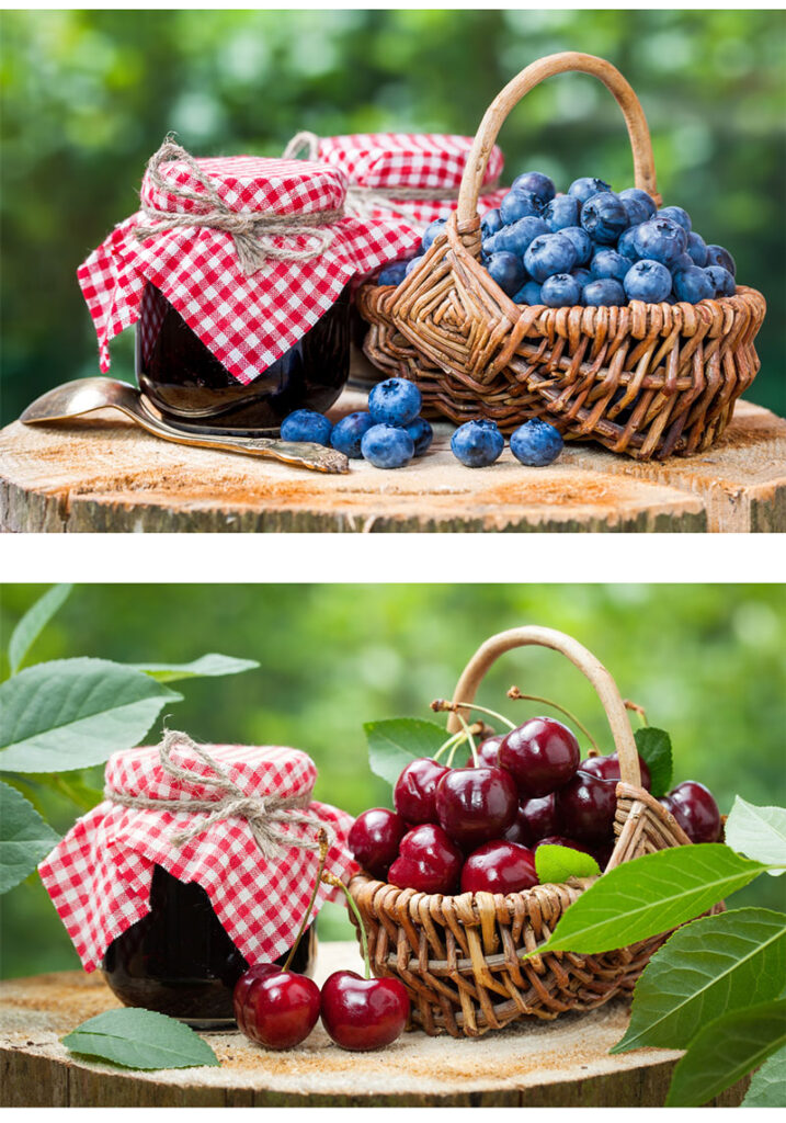 baskets of fresh blueberries and cherries