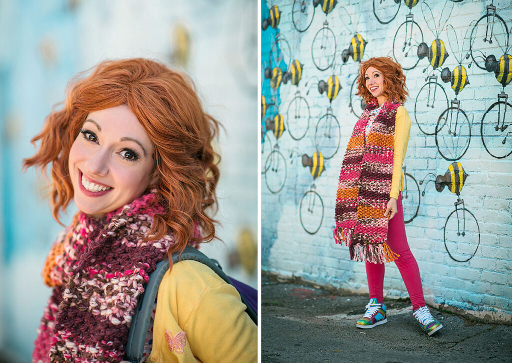 red headed woman poses in front of a street mural wearing an over sized pink scarf. this plate includes two images; one a closeup picture and one farther away