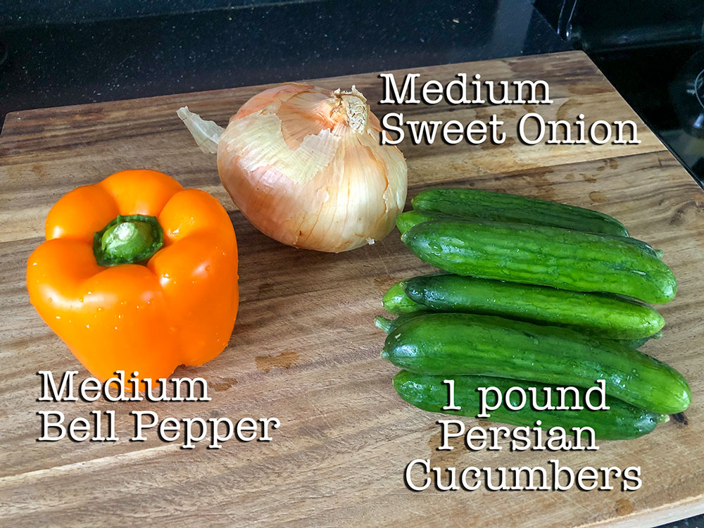 bell pepper, onion, pile of cucumbers
