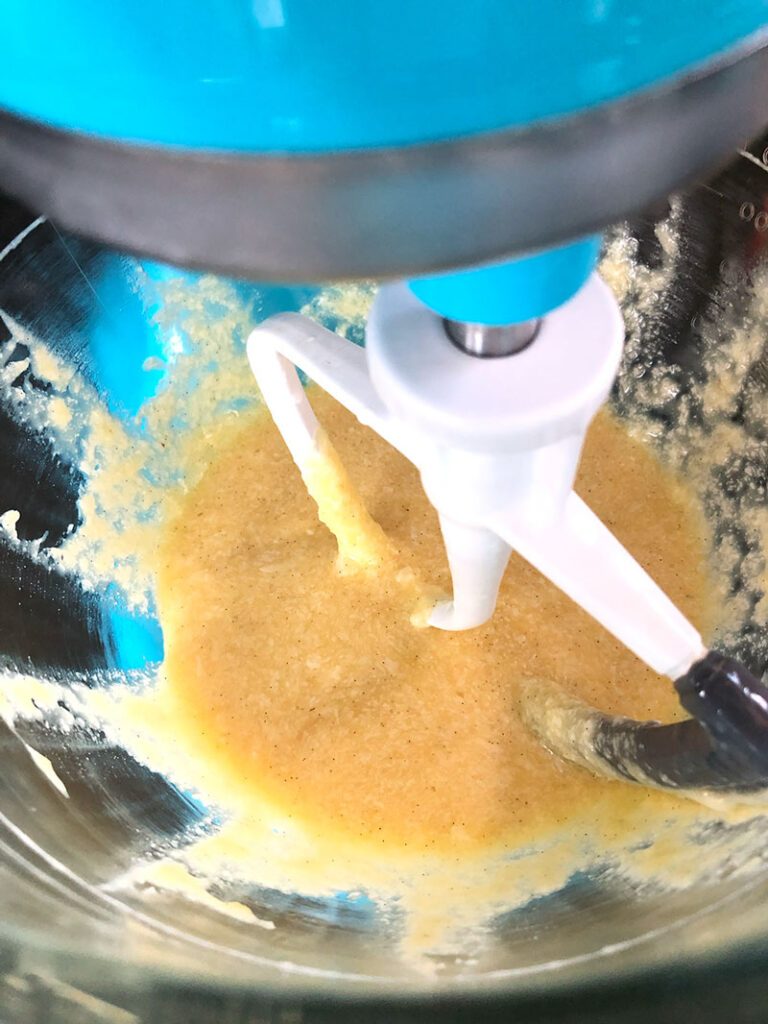 wet ingredients whipped together in a mixing bowl