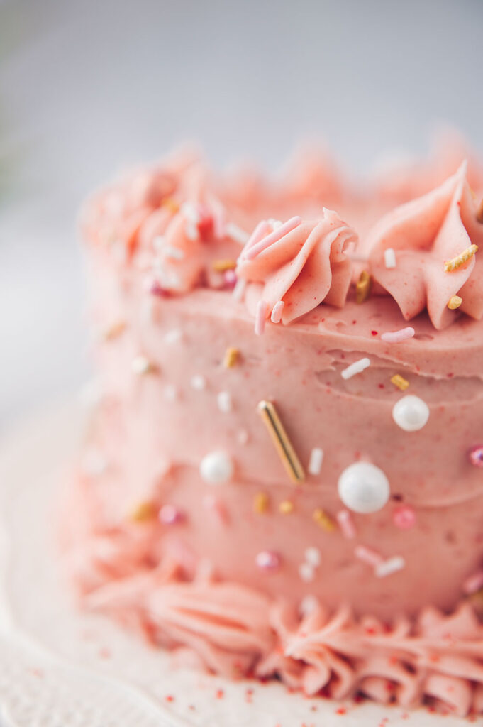 closeup of decorated strawberry cake