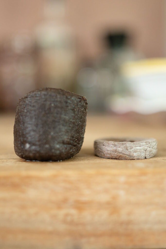 a dehydrated peat pellet next to a rehydrated version