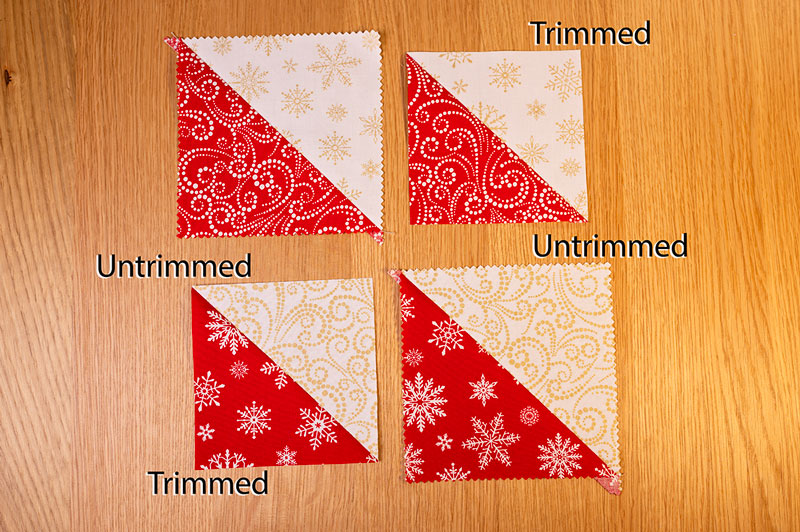half square triangles are placed together showing them trimmed and untrimmed
