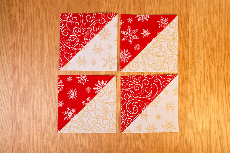 4 half square triangle units set up for a pattern