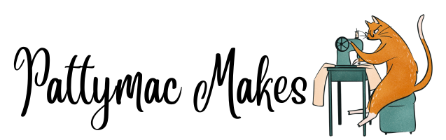 logo for pattymac makes featuring a sewing cat