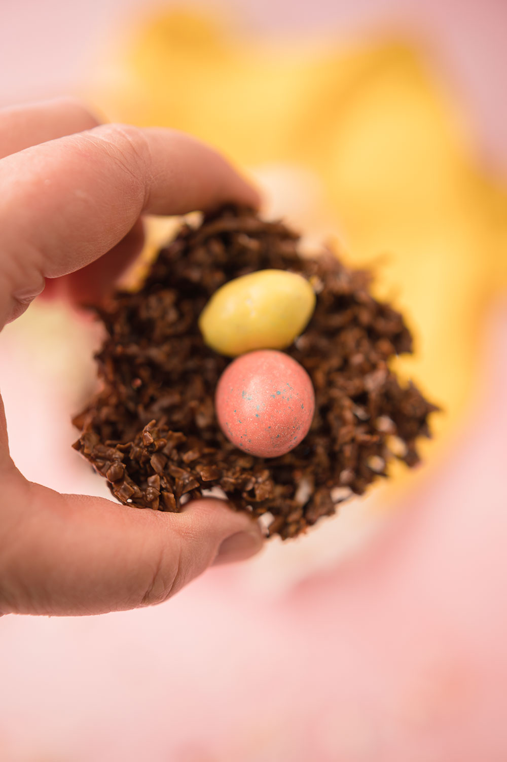 a hand holding the cookie in the recipe of a chocolate covered birds nest