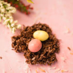 chocolate birds nest cookie with pink and yellow eggs