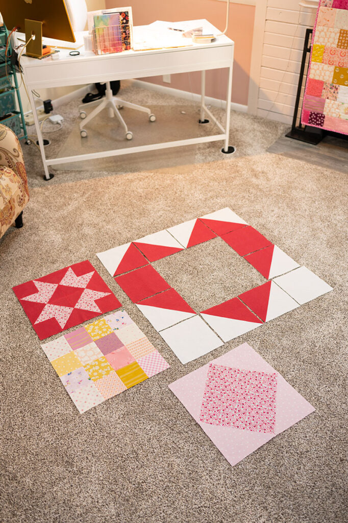 quilt pieces laid out to demonstrate 3 different center panel options
