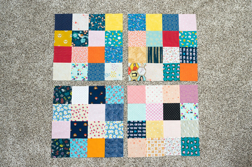 4 16 patch scrappy quilt blocks laid out together