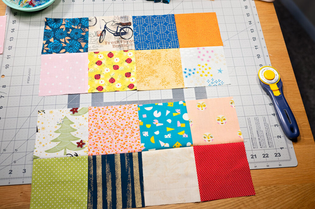 halves of a quilt block ready to be joined